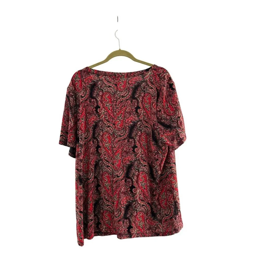 White Stag Womens 3X/22-24 Red &‎ Black Paisley Short Sleeve Top Boho Western
